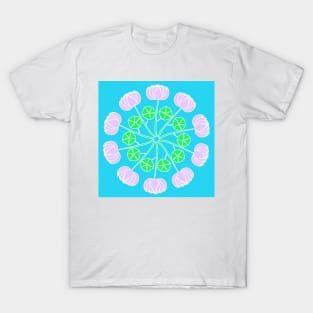 Pink flowers in a circle on blue background T-Shirt